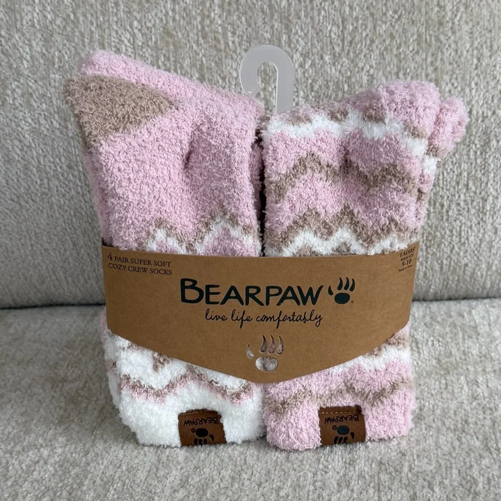 BearPaw Pink, Brown and White Zigzag Cozy Crew Socks, 4pk Sz 9-11